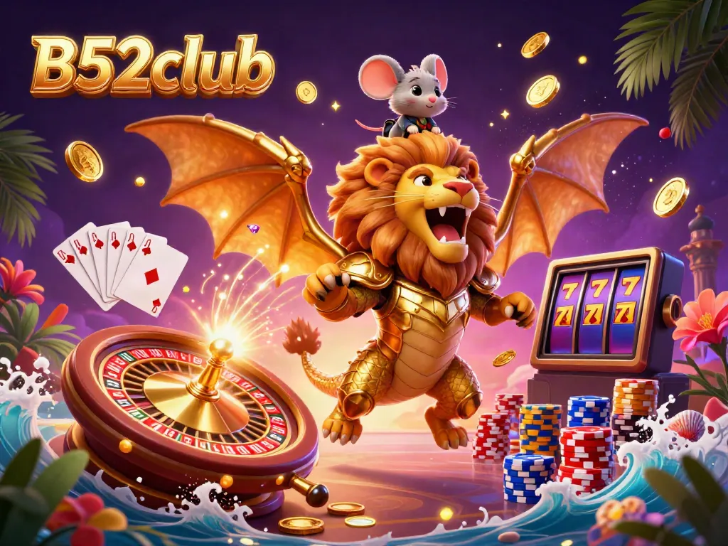Experience the thrill of B52club with an epic chimera creature and a courageous mouse jockey amidst cascading coins and gaming elements.