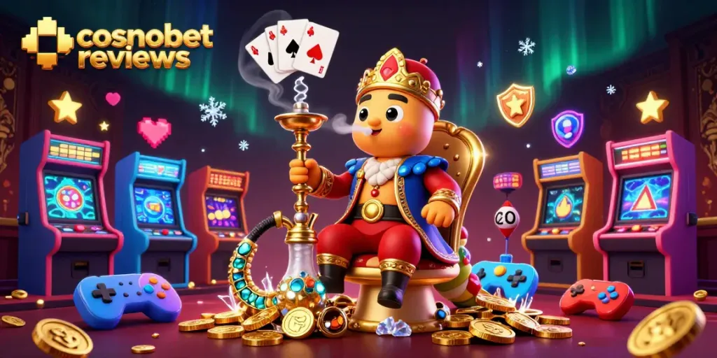 Engage with cosmobet reviews in a vibrant 3D casino scene featuring whimsical characters and gaming elements.