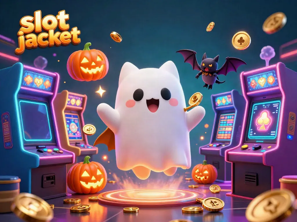 Engage with a spinning slot jackpot scene featuring a friendly ghost cat and vampire bat in a haunted casino.