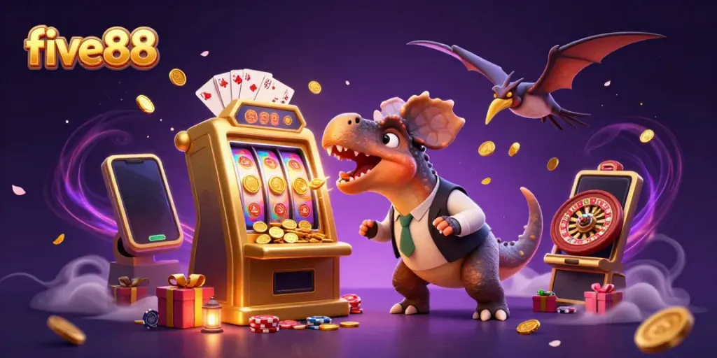 Experience the excitement at five88 with a pachycephalosaurus celebrating a jackpot win amidst flying coins.