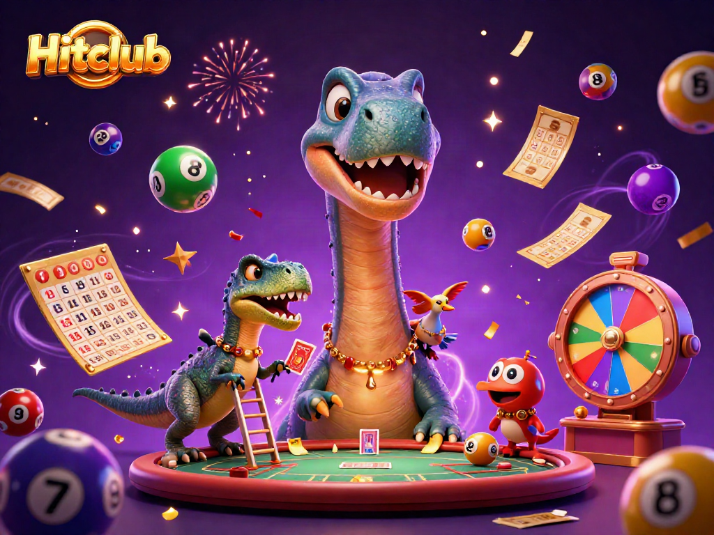 Hitclub event showcasing a playful scene with dinosaurs dealing cards amid a vibrant casino atmosphere.