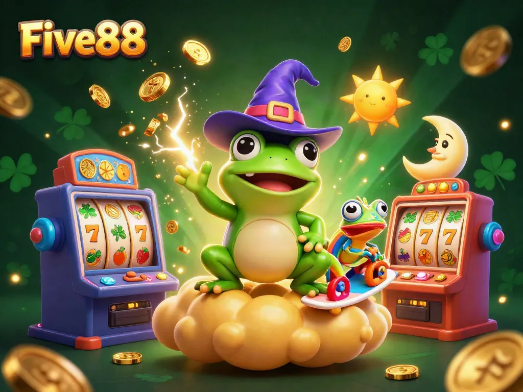 Engage in high-stakes fun with Five88's vibrant casino gaming experience featuring golden coins and animated characters.