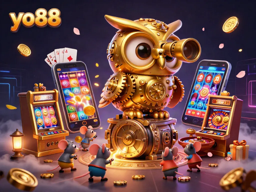 Engage in thrilling gaming at Yo88, featuring a whimsical clockwork owl, vibrant slots, and dynamic casino atmosphere.