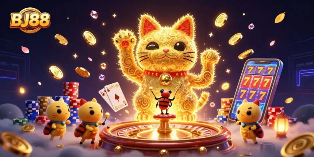 Experience the thrill of BJ88 with a vibrant 3D casino scene bursting with action and symbols.