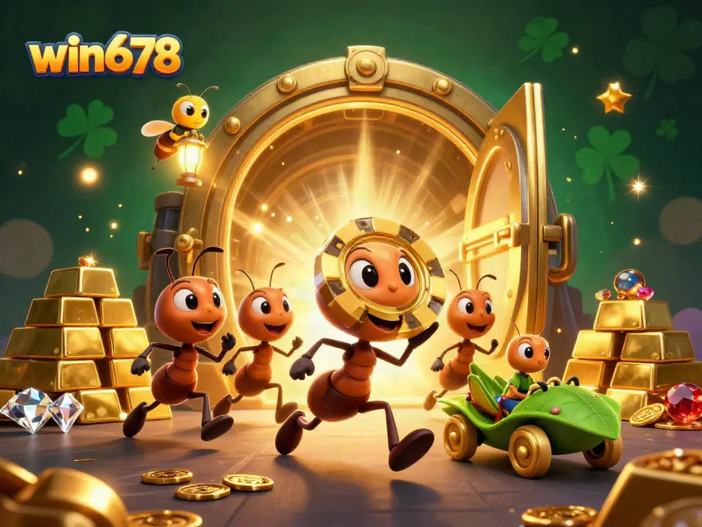 Witness a thrilling win678 heist with ants carrying a gigantic poker chip in a dazzling casino scene.
