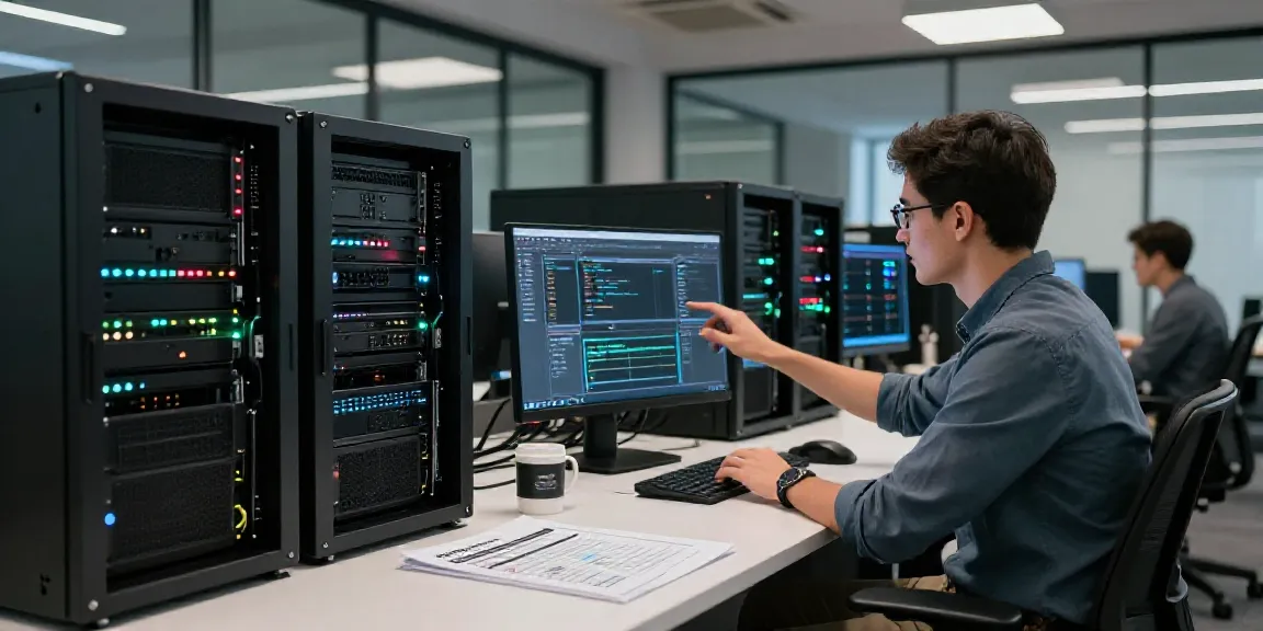 IT specialist configuring servers for UK PBN hosting in modern office.