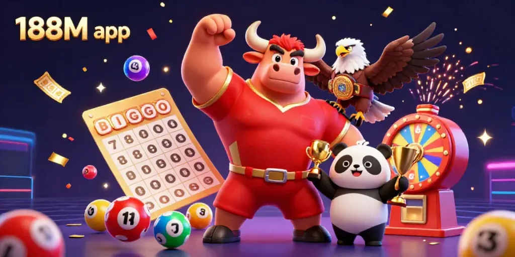 Engage with the vibrant 188M app featuring dynamic lottery-inspired characters celebrating wins among colorful game elements.