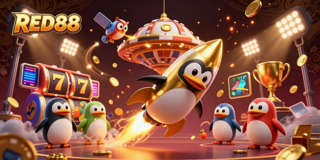 Watch RED88 transform the casino scene with vibrant slot machines, golden penguins, and exciting dynamics.