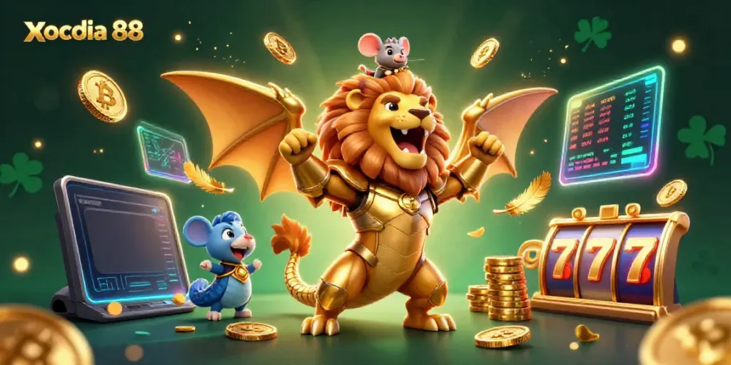 Step into the thrilling world of xocdia 88 with an epic scene of a chimera roaring triumphantly among dazzling winnings.