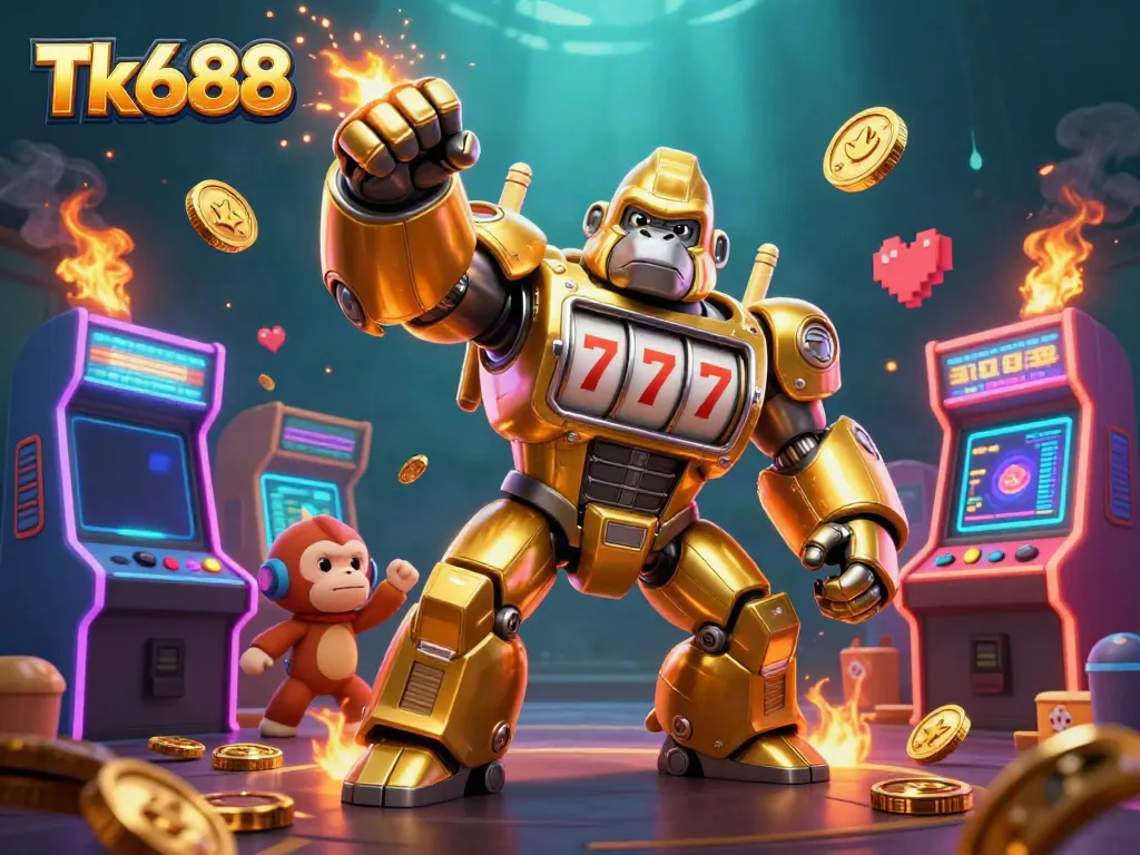 Engaging gameplay with Tk688's golden gorilla mech and vibrant arcade game elements.