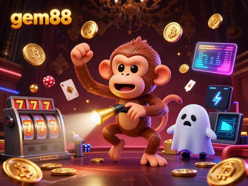 Experience thrilling gameplay at gem88 with a mischievous ghost and treasure overflowing in this haunted casino scene.
