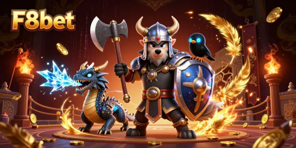 Engage with F8bet legends in this vivid 3D rendering featuring a heroic Viking warrior, fierce dragon, and dynamic casino elements.