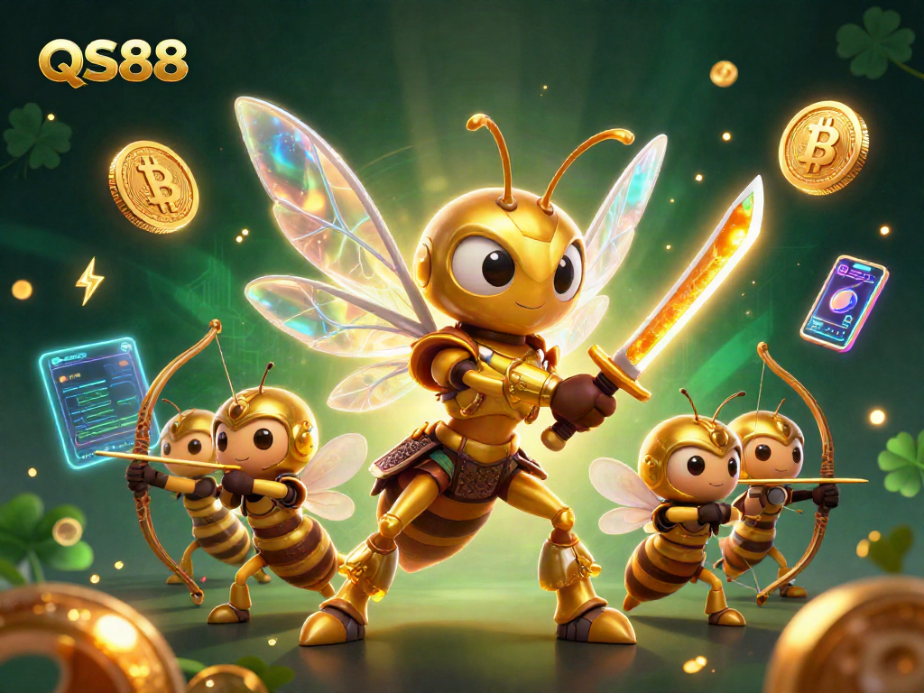 Engage with QS88’s vibrant casino world featuring brave characters and floating crypto elements.