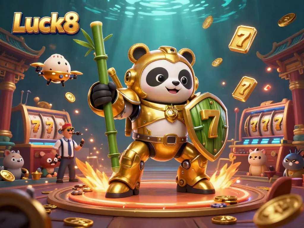 Engage in thrilling gameplay at Luck8's vibrant casino arena, featuring a golden panda mech, slot reels, and cheering spectators.