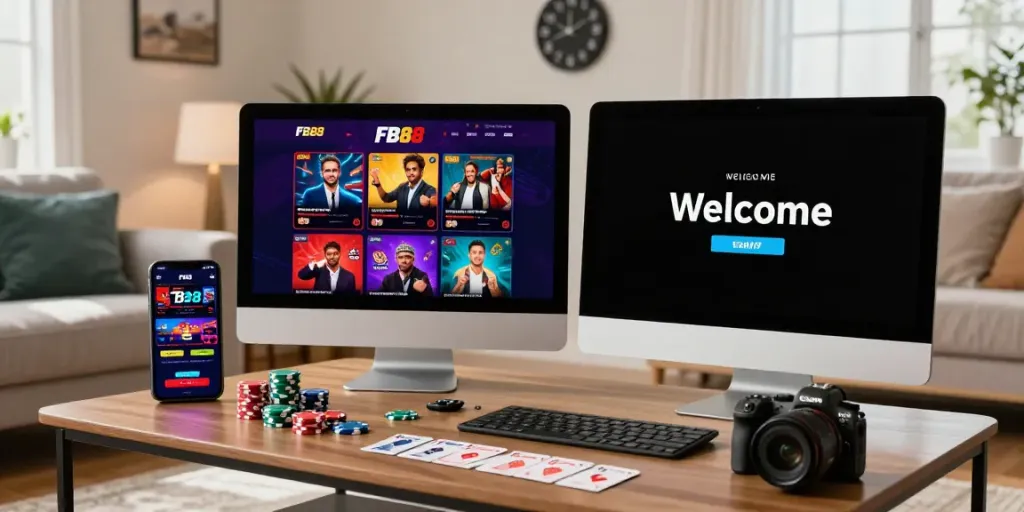 Engaging setup of FB88 online gambling platform with vibrant games and smartphone app in a cozy living room.