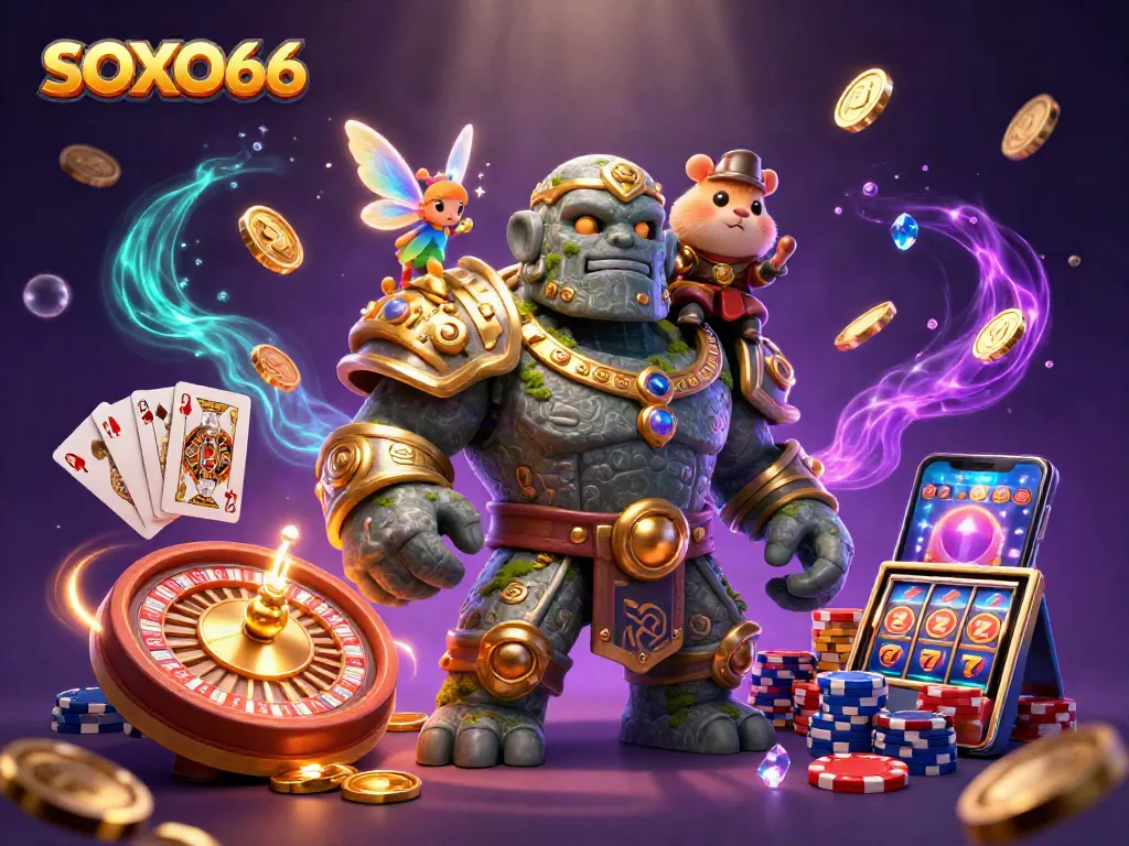 Engage with SOXO66 in a vibrant casino universe featuring a golem guardian and magical elements.
