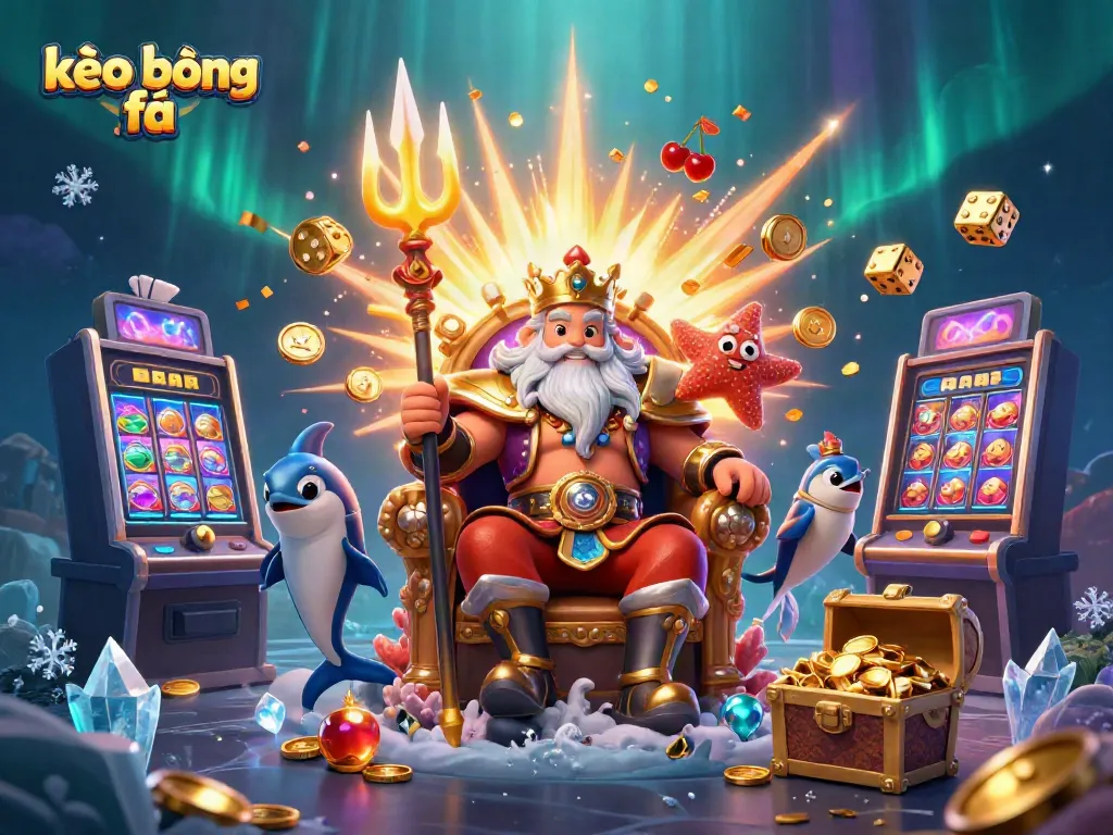 Experience kèo bóng đá with an exciting underwater 3D scene featuring Neptune, slot machines, and vibrant decorations.