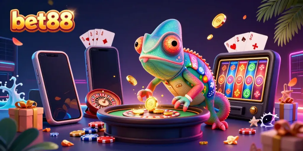 Experience vibrant gaming action with bet88's diverse games, players winning big around colorful casino elements.