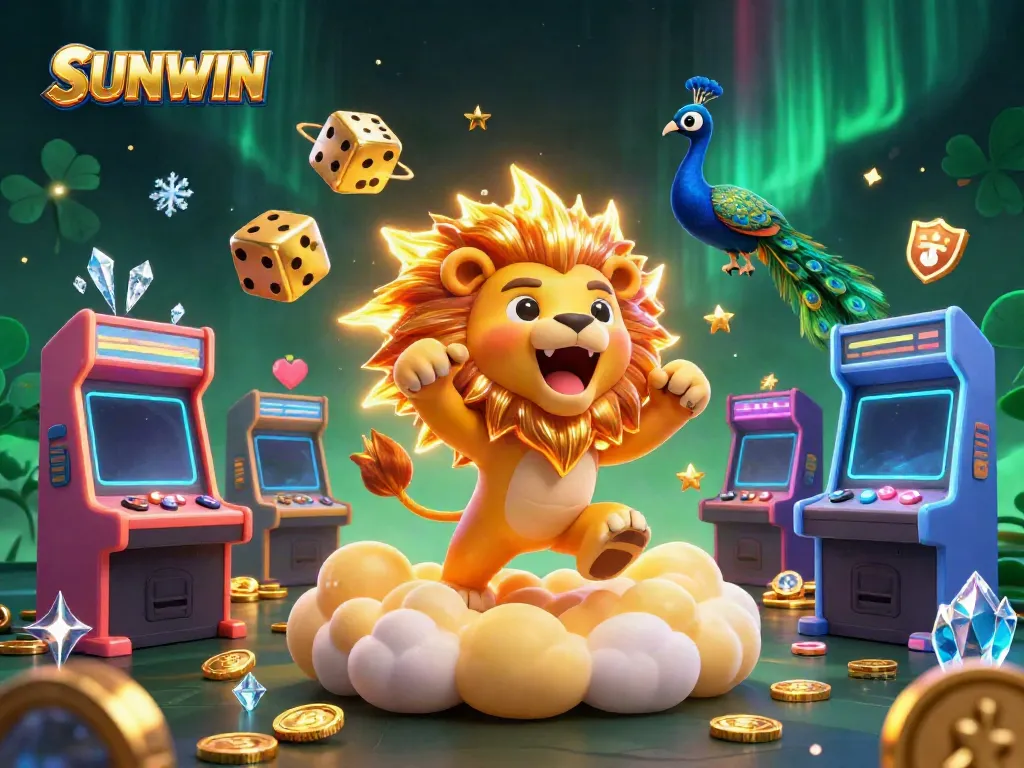SUNWIN's vibrant casino scene with a roaring sun lion, golden dice, and dynamic gaming elements