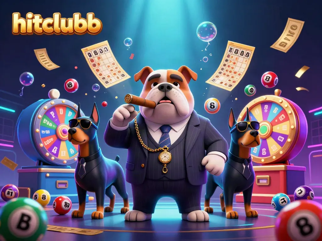 Engage with hitclubb's thrilling games in a vibrant 3D casino illustration with lottery elements.