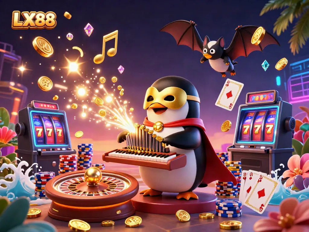 Experience the excitement of casino games with LX88 as penguins and golden coins create a dynamic scene full of action.