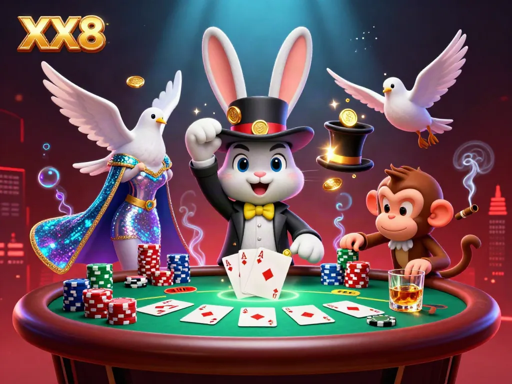 Experience the magic of XX8 with a magician rabbit and lively characters at a vibrant casino scene.