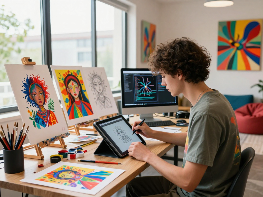 Innovative NSFW AI artist creating artwork in a bright studio filled with colorful art
