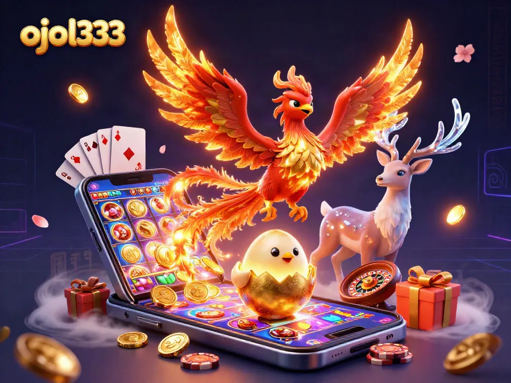 Engage with the vibrant ojol333 slot gaming experience featuring a fiery phoenix and golden treasures.
