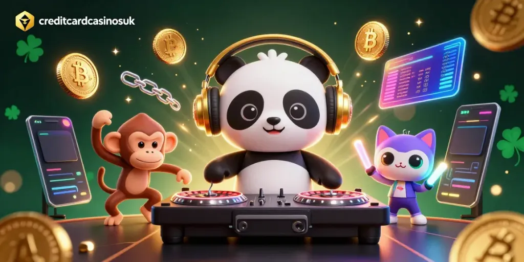 Experience the vibrant atmosphere of creditcardcasinosuk featuring a DJ panda and colorful casino elements.