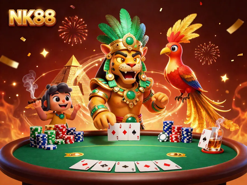 Experience thrilling poker action with NK88 featuring a Mayan jaguar priest and vibrant casino elements.