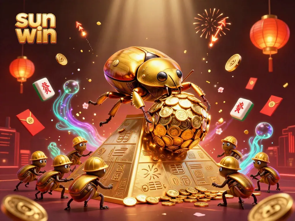 Experience the vibrant fun at sun win with golden coins, beetles, and casino symbols coming alive!