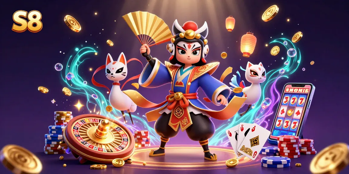 S8 offers thrilling casino action with a kabuki warrior, vibrant gems, and festive spirits.