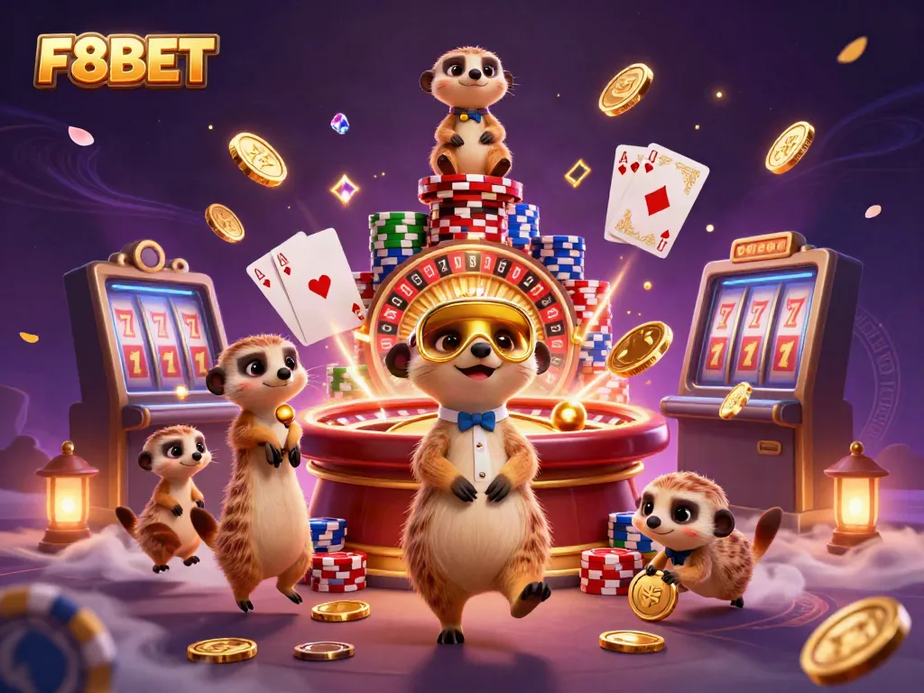 Engage with F8BET's lively casino scene featuring meerkats managing games and sneaking chips.