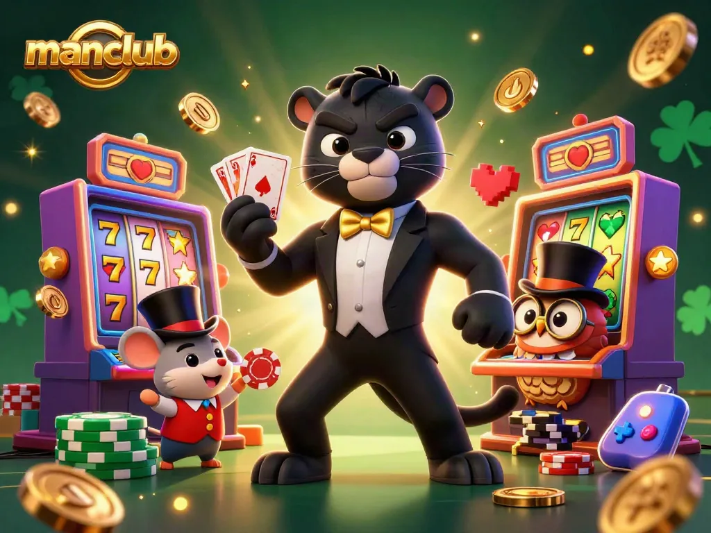 Play exciting games at manclub with a stylish panther dealer and playful characters in a vibrant casino scene.