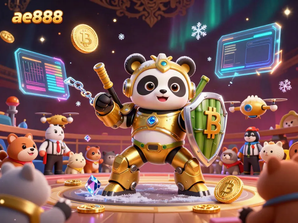 Experience ae888's futuristic casino scene featuring a mech-suit panda and vibrant crypto elements.