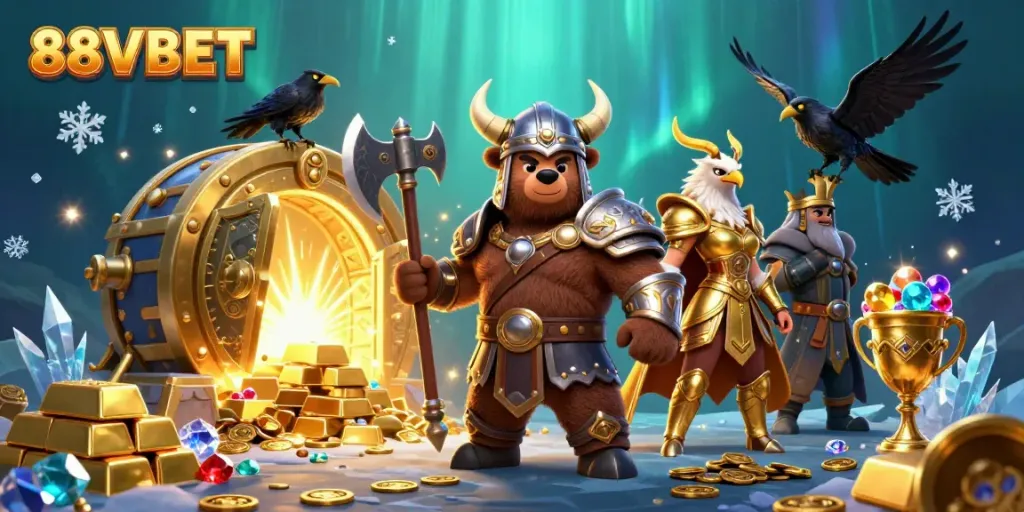 88VBET showcases a vibrant 3D scene with Viking characters and golden treasures for exciting gaming.