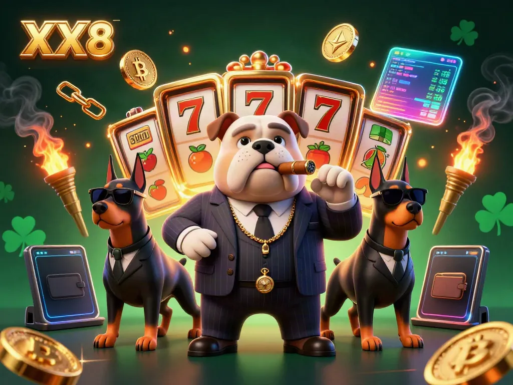 Experience thrilling slots with XX8 in a vibrant gambling scene featuring a mafia bulldog and Doberman bodyguards.