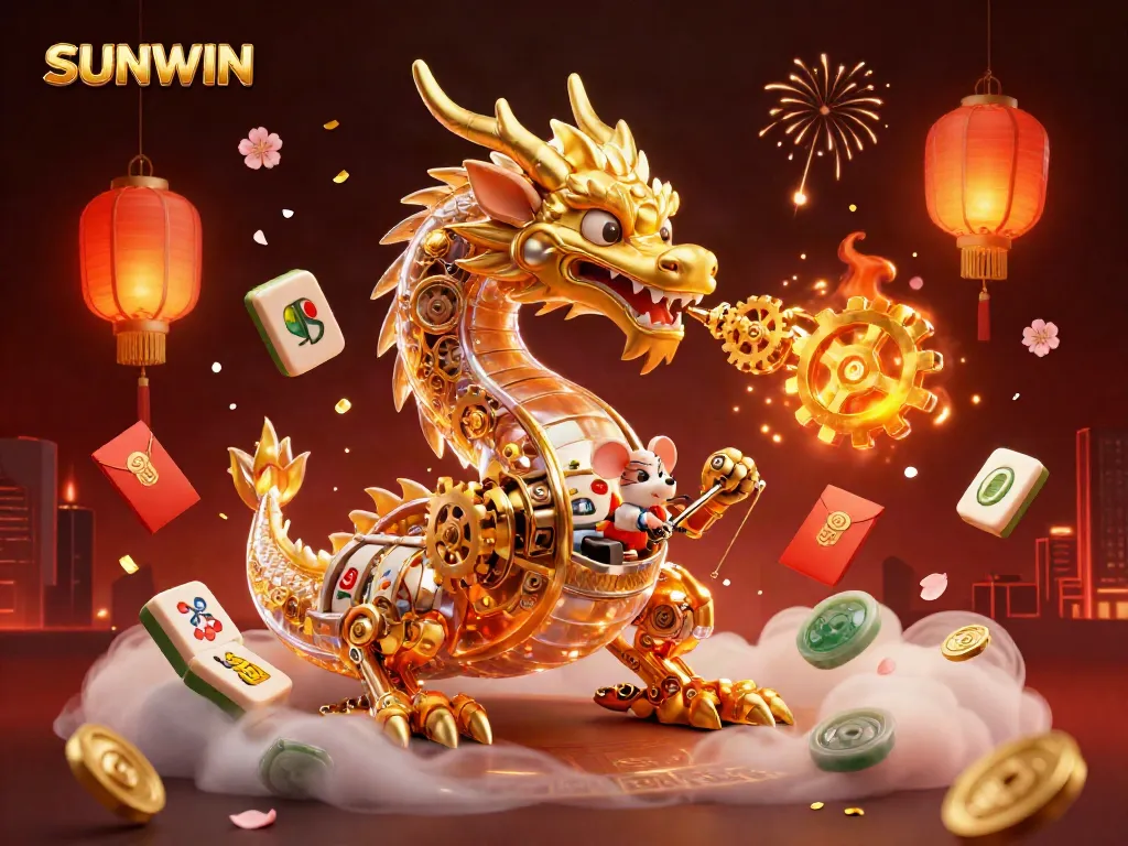 Experience SUNWIN's vibrant gaming world with a golden dragon and floating slot elements in a captivating scene.