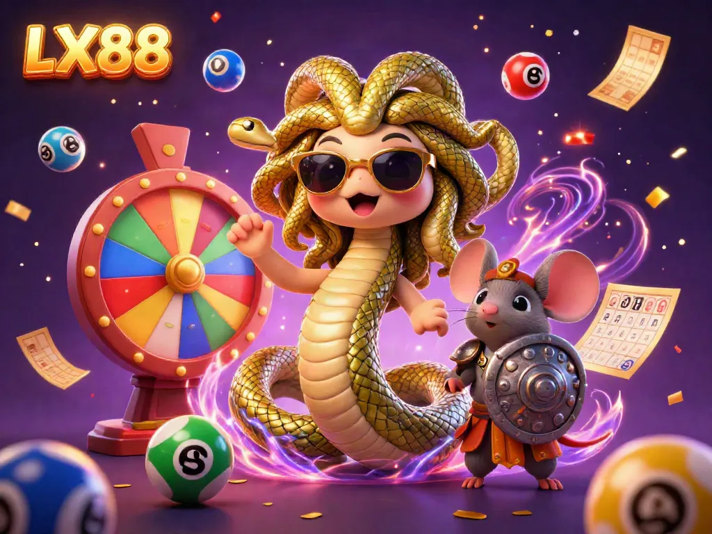 Experience the excitement at LX88 with vibrant game elements and dynamic characters in a captivating casino illustration.