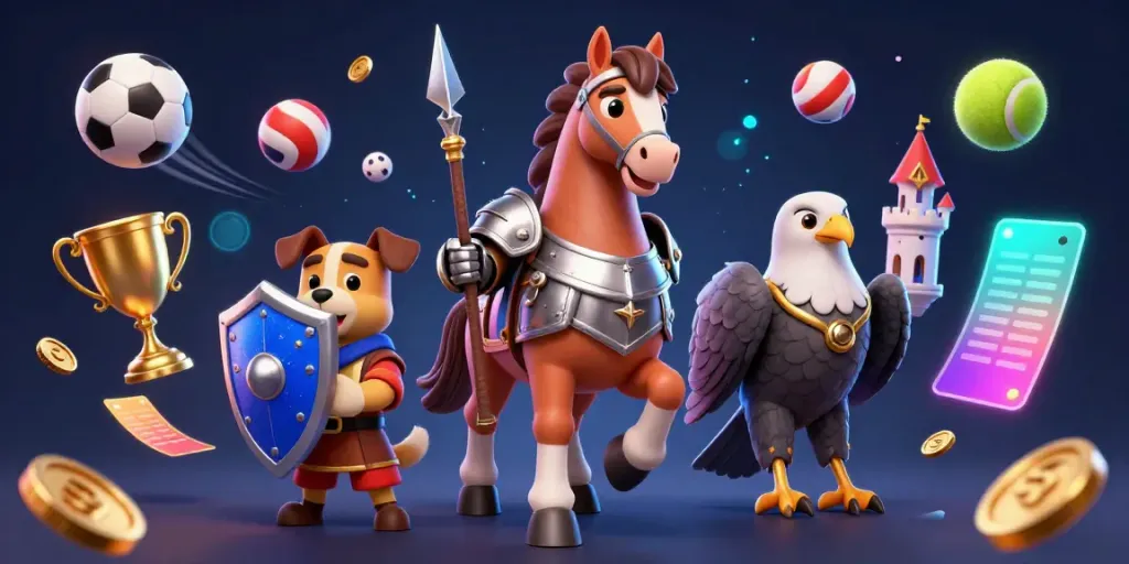 Engage with exciting games at 98win com, featuring a knight, squire, and falcon amidst dynamic sports elements.