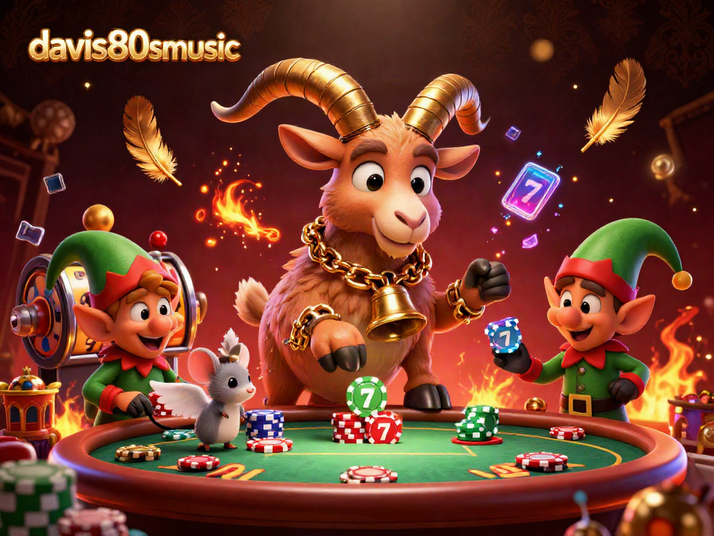 davis80smusic shows a lively 3D casino with a Krampus goat and gremlins stealing chips amidst festive chaos.
