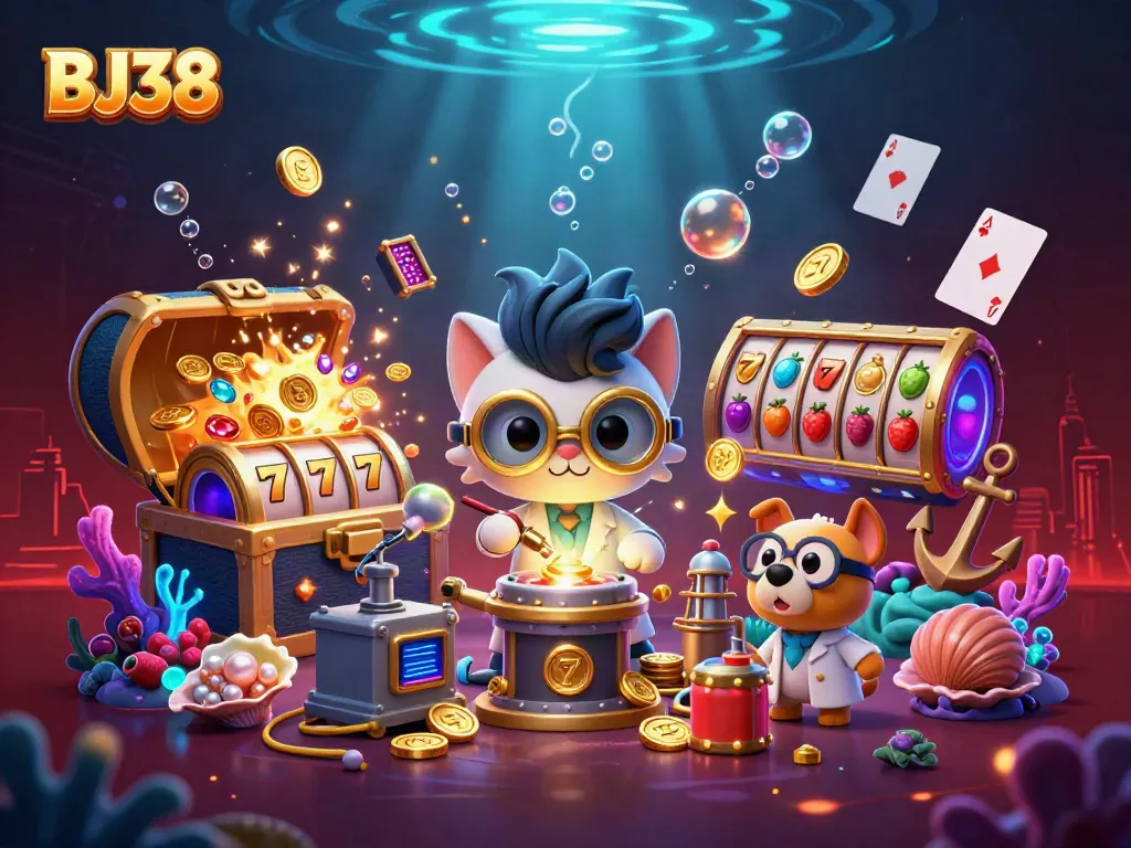 Engaging BJ38 casino scene with a mad scientist cat and dog assistant surrounded by gold coins and slot reels.