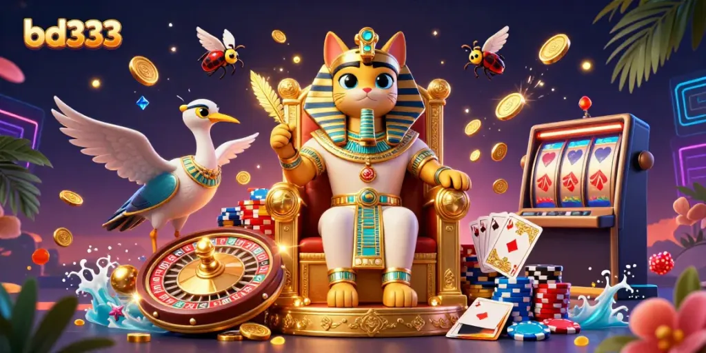 Experience thrilling gaming action with bd333, featuring an Egyptian pharaoh cat and a roulette wheel.