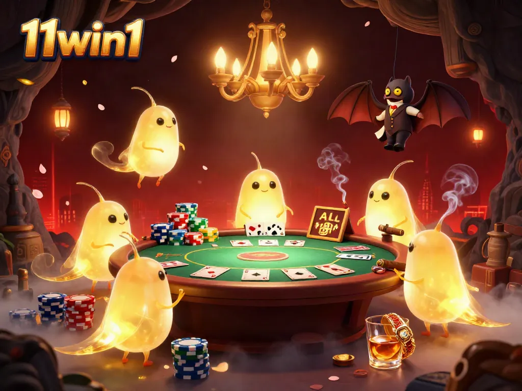 Experience the enchanting cave casino ambiance of 11win1 where glowworms light up the poker table.