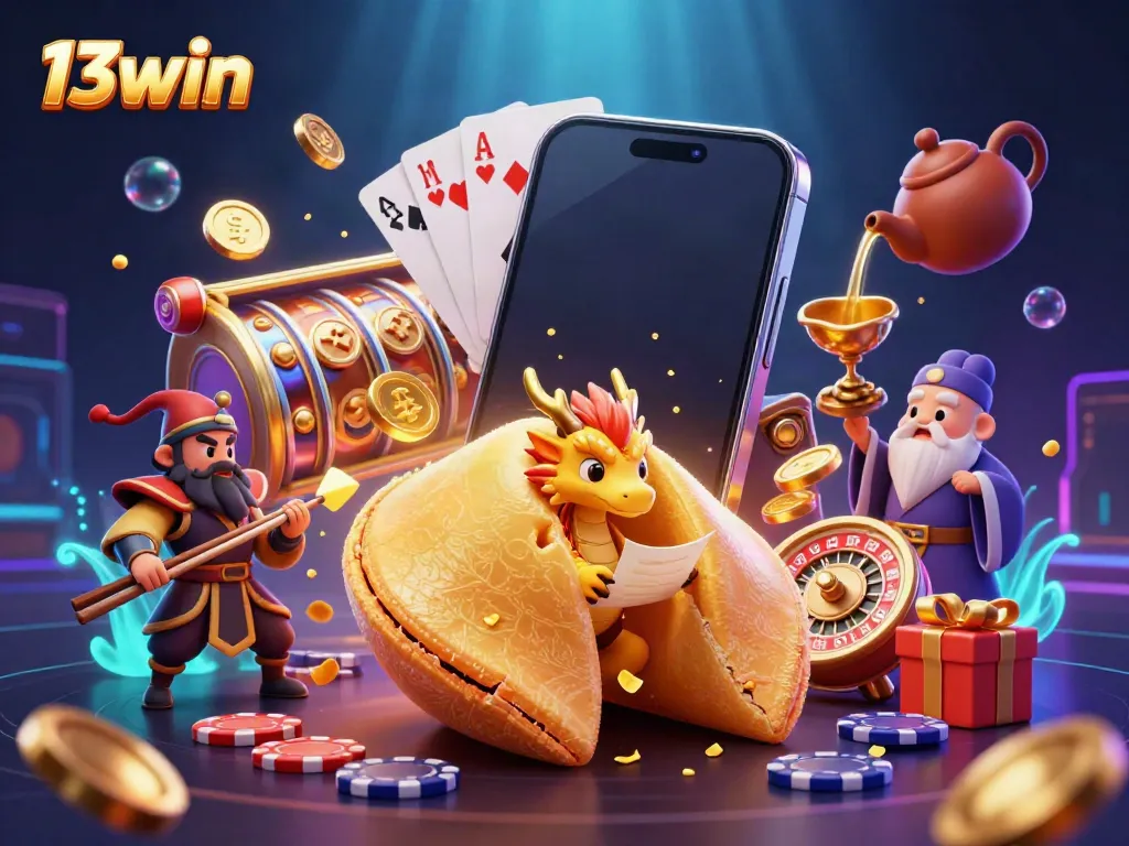 Engage with the vibrant world of 13win, showcasing a dynamic casino scene with a golden fortune cookie, dragon, and exciting game elements.