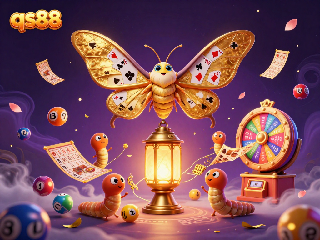 Engage with qs88's vibrant lottery and casino theme illustrated by a majestic moth and colorful elements