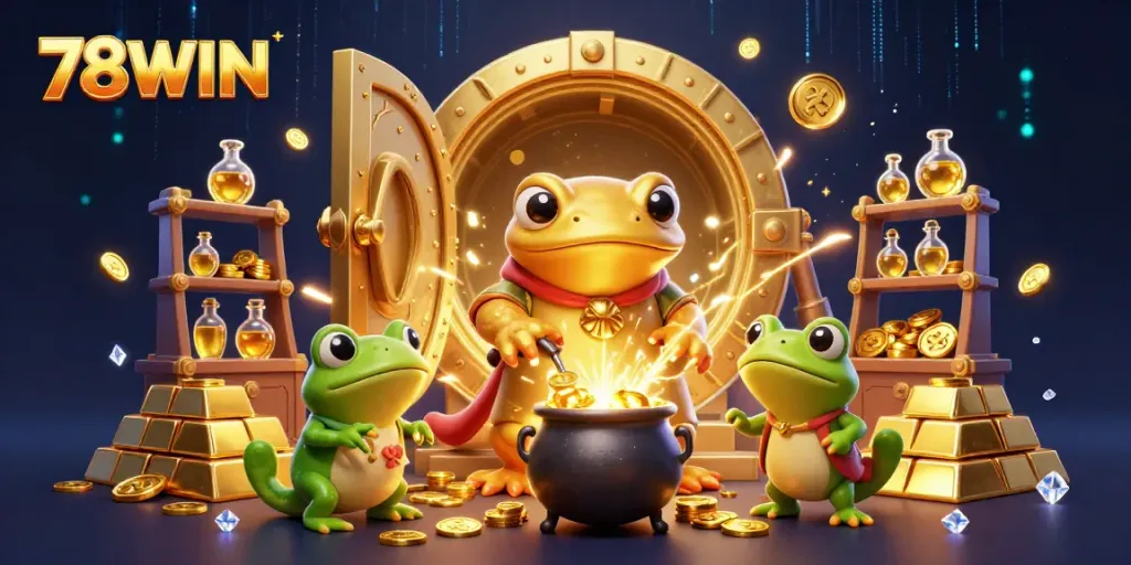 Experience the excitement at 78WIN with a dynamic 3D illustration of alchemists turning base metals into gold coins.
