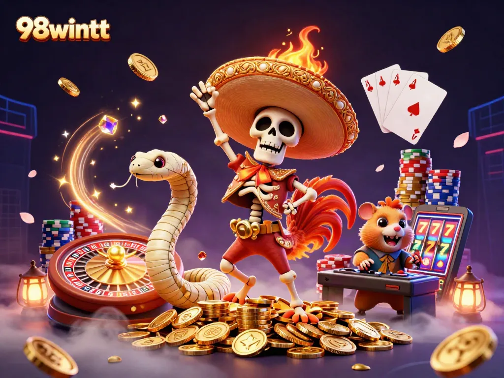 Experience 98wintt's vibrant victory with animated casino characters amidst golden treasures.