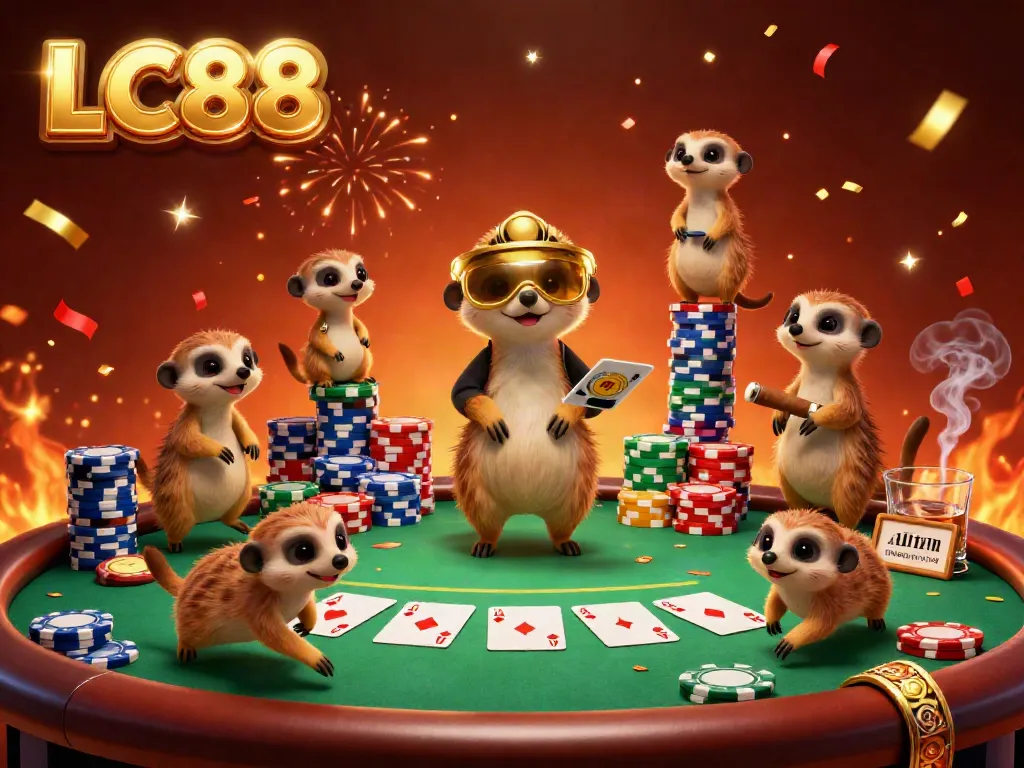 Experience the excitement of LC88 casino with meerkats managing an elaborate poker scene filled with vibrant elements.