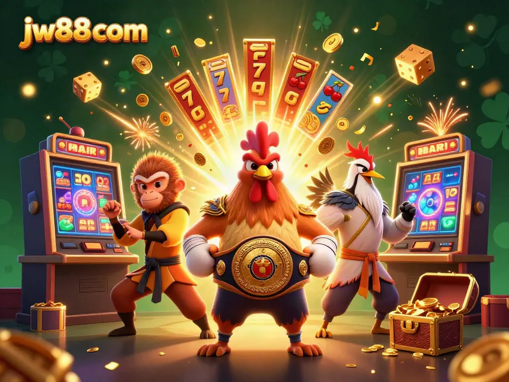 Engage in thrilling casino gaming with jw88 com's vibrant 3D illustration featuring dynamic characters and exciting game elements.